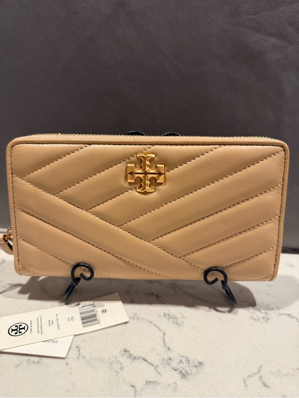 Tory Burch Beige Quilted Leather Wallet with Gold Logo